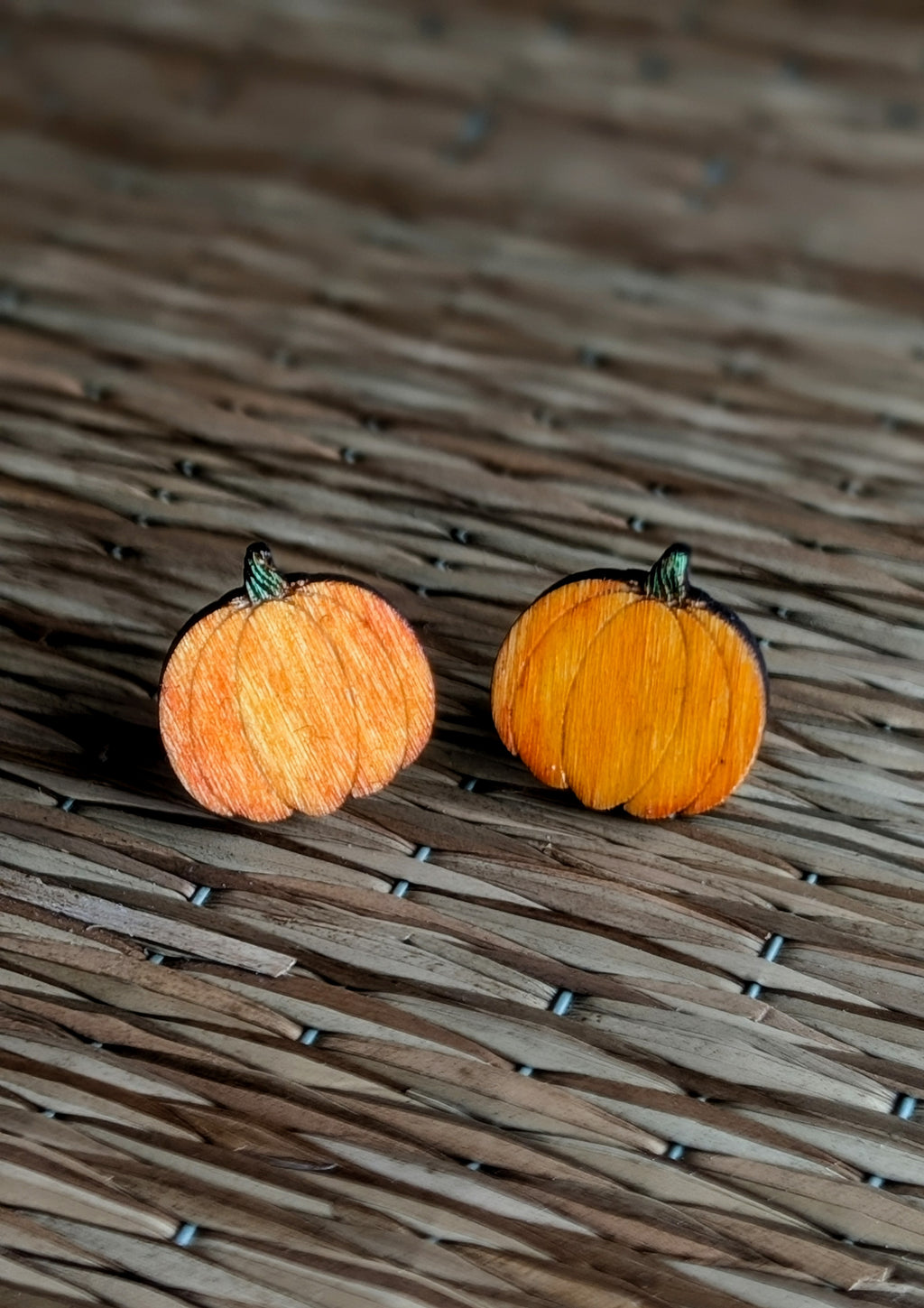 Laser Engraved Wooden Pumpkin Stud Earrings, Halloween Jewellery