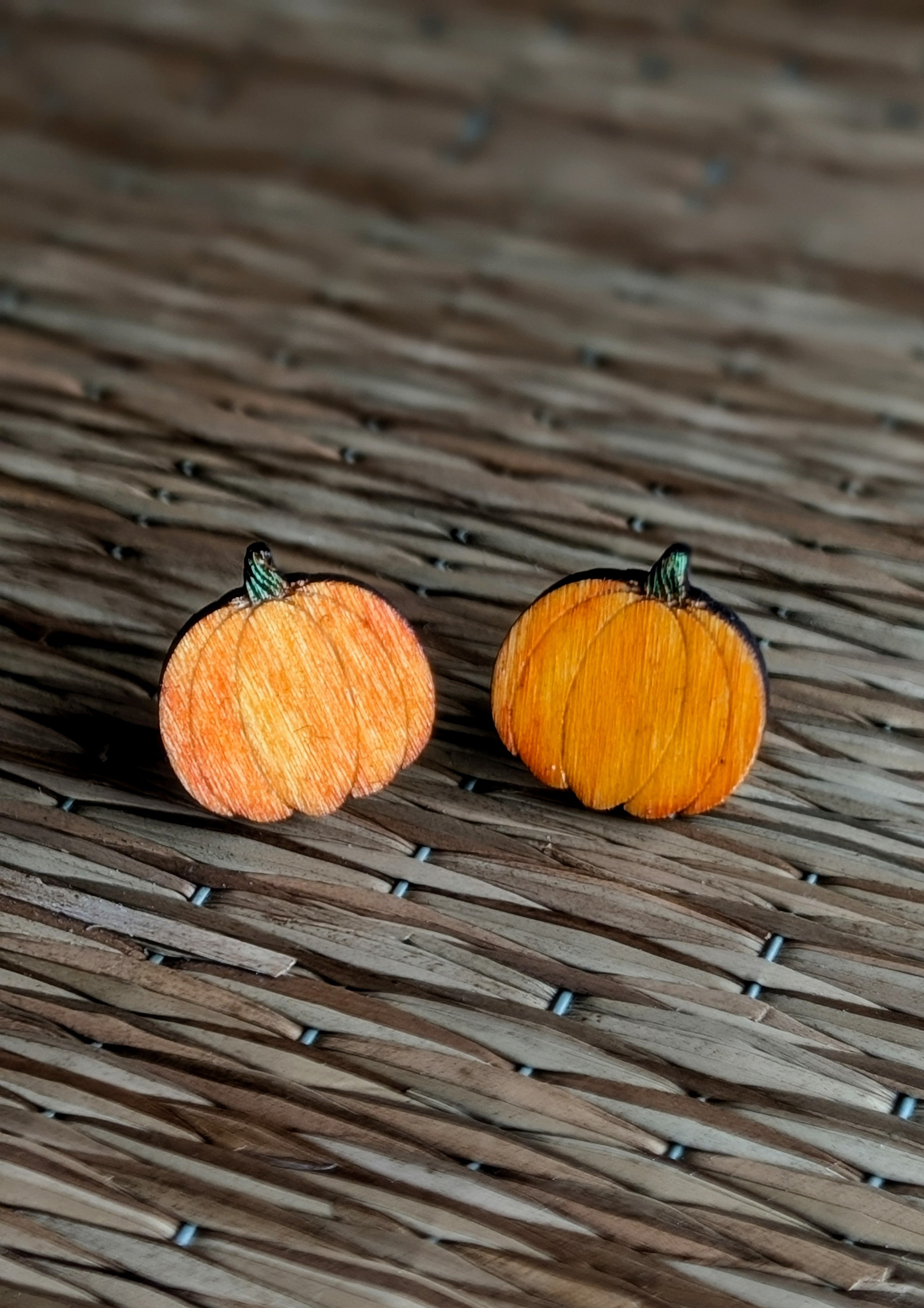 Laser Engraved Wooden Pumpkin Stud Earrings, Halloween Jewellery