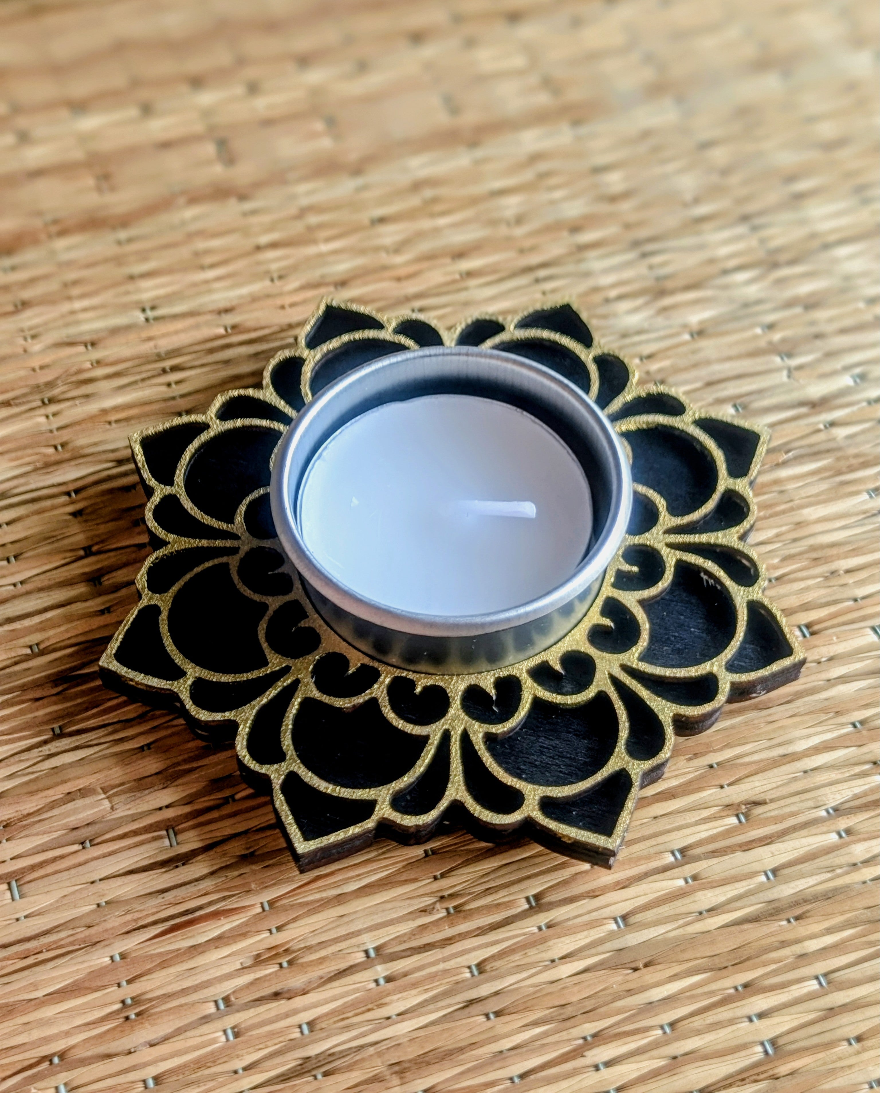 Black and gold wooden mandala tea light candle holder