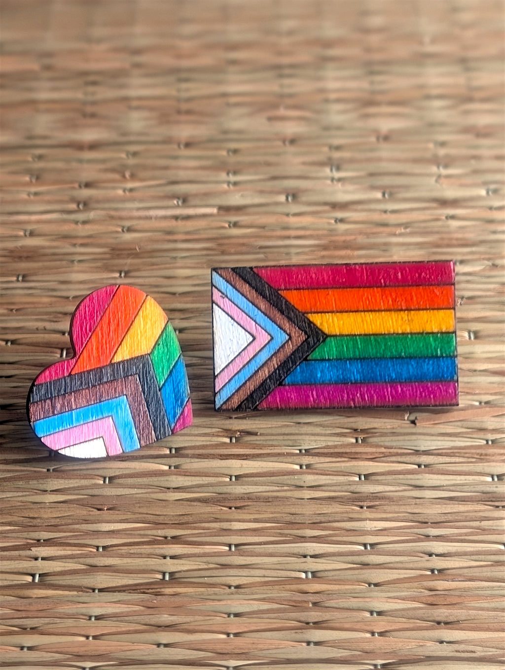 Wooden heart progress pride flag pin badge, LGBTQ+