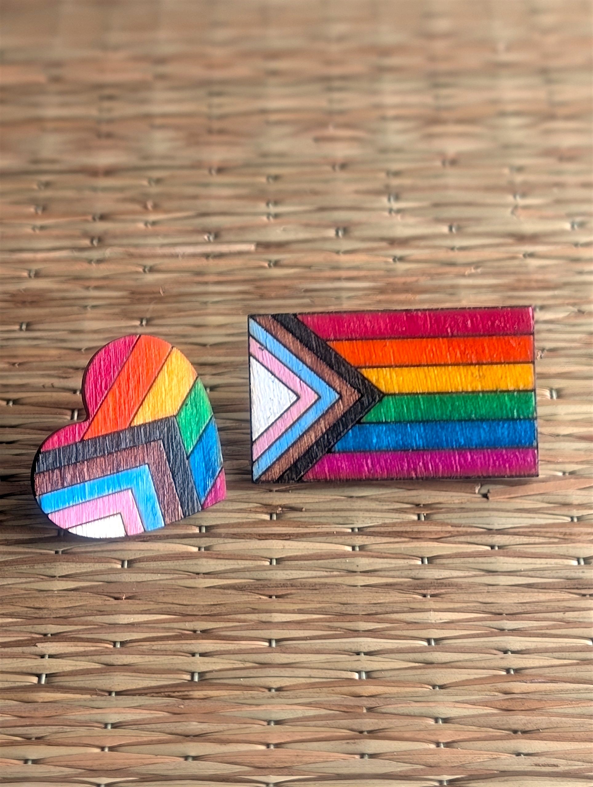 Wooden heart progress pride flag pin badge, LGBTQ+
