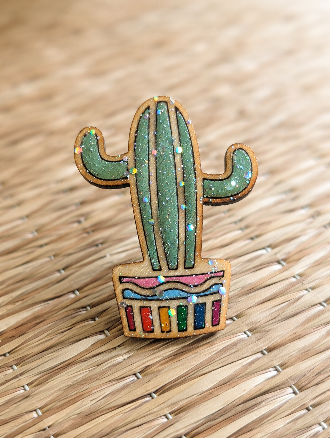 Glitter Pride Cactus Pin: Hand-Painted Wooden LGBTQ Brooch