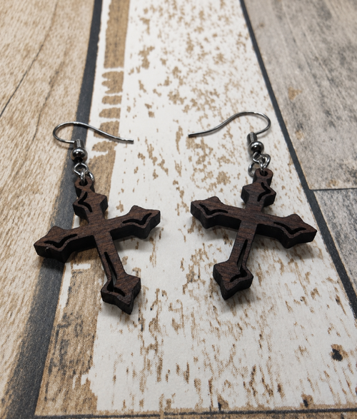 Fleury Cross Earrings: Walnut Wood Gothic Dangle Jewellery