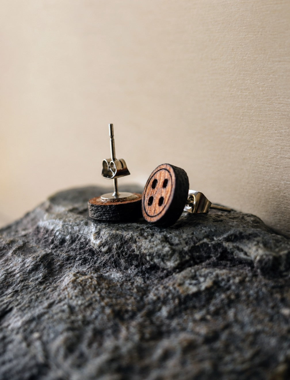 Mahogany Button Stud Earrings: Laser Cut Wood Jewellery