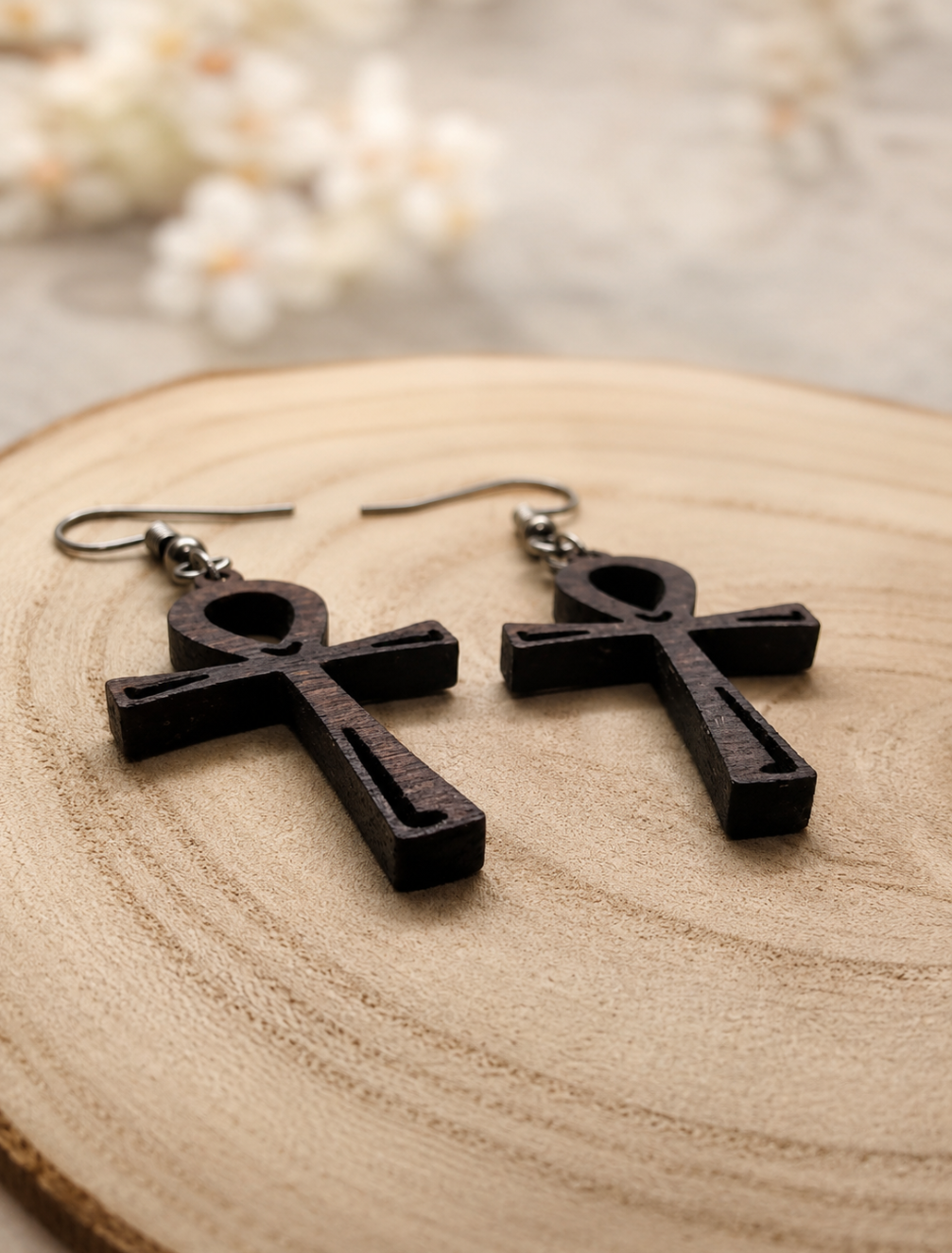 Walnut Wood Ankh Earrings: Laser Engraved Egyptian Key of Life
