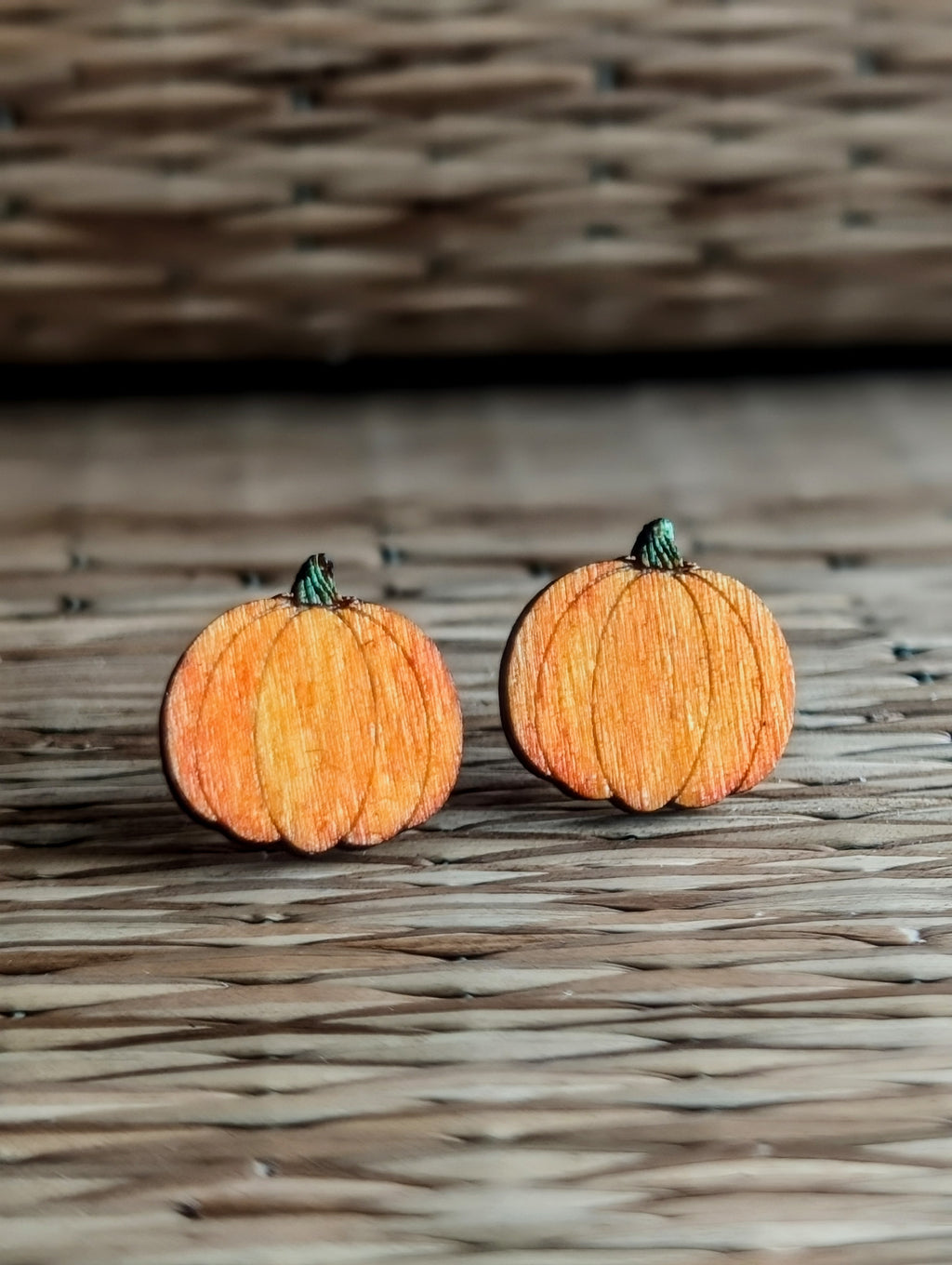 Laser Engraved Wooden Pumpkin Stud Earrings, Halloween Jewellery