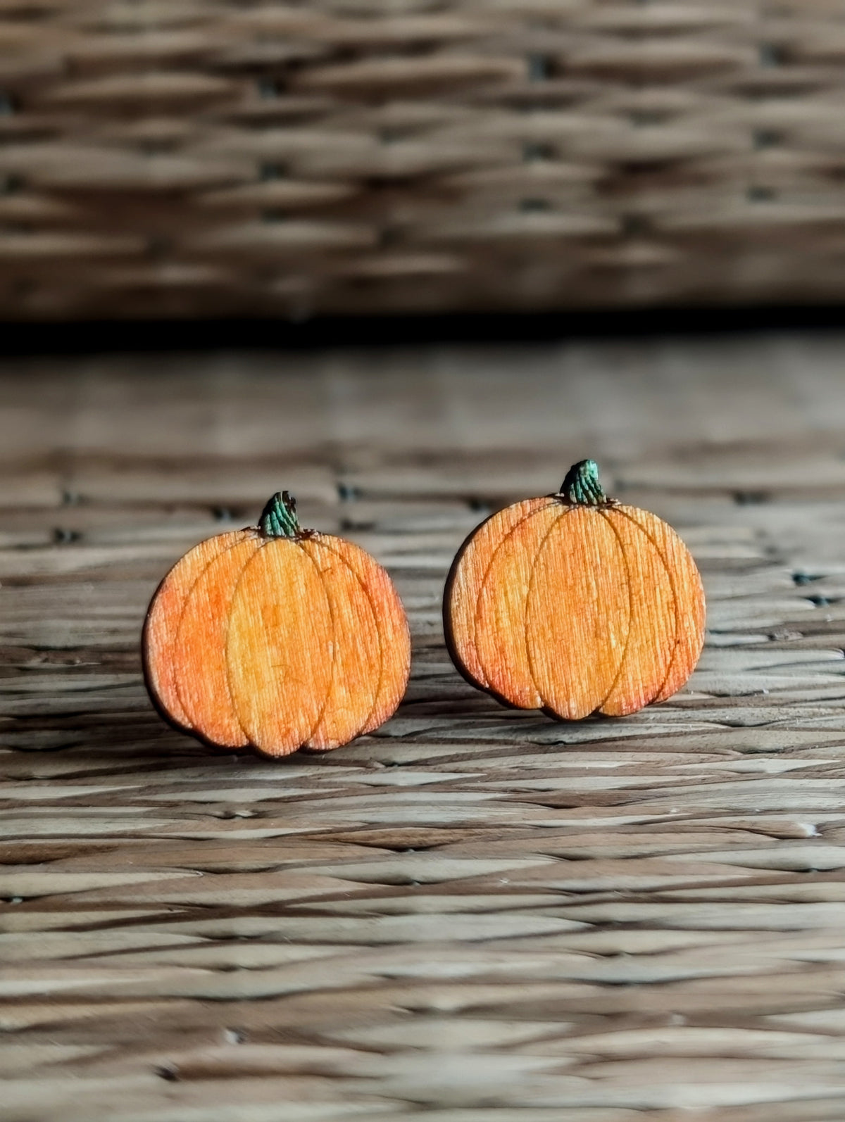 Laser Engraved Wooden Pumpkin Stud Earrings, Halloween Jewellery