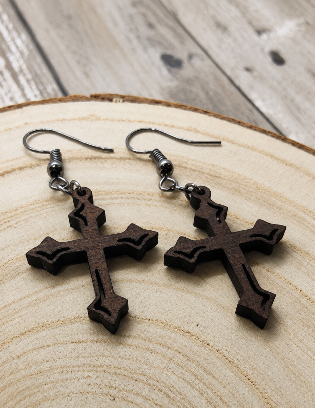 Fleury Cross Earrings: Walnut Wood Gothic Dangle Jewellery