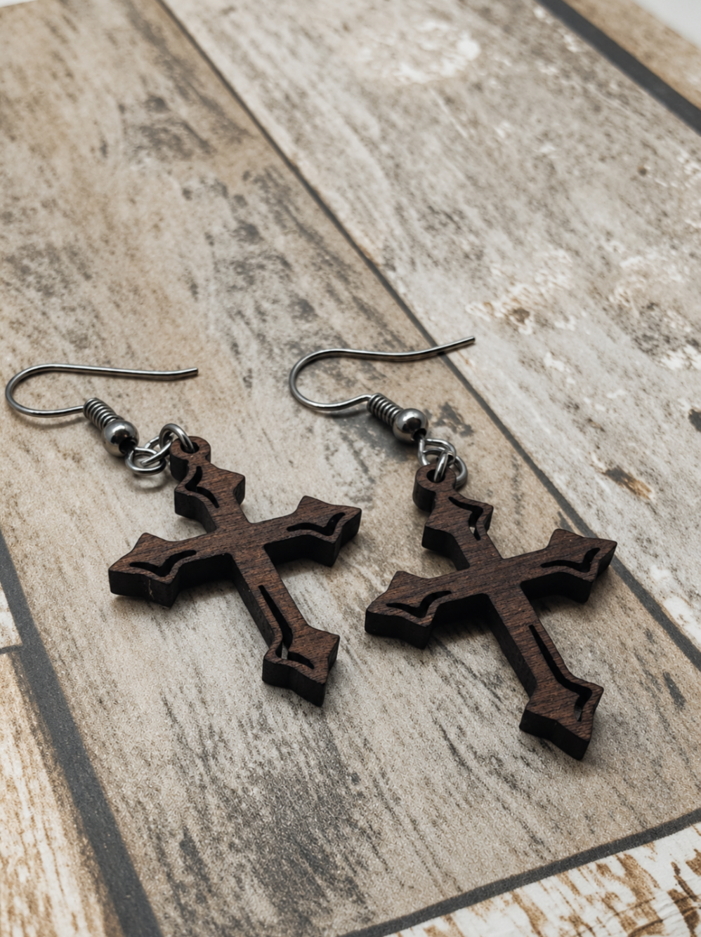 Fleury Cross Earrings: Walnut Wood Gothic Dangle Jewellery