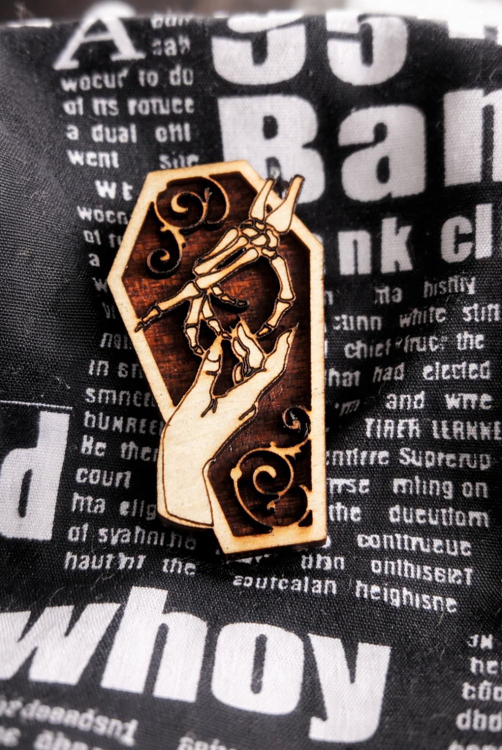 Gothic Coffin Pin Badge with Skeletal Hand Design Wooden Laser Engraved Brooch