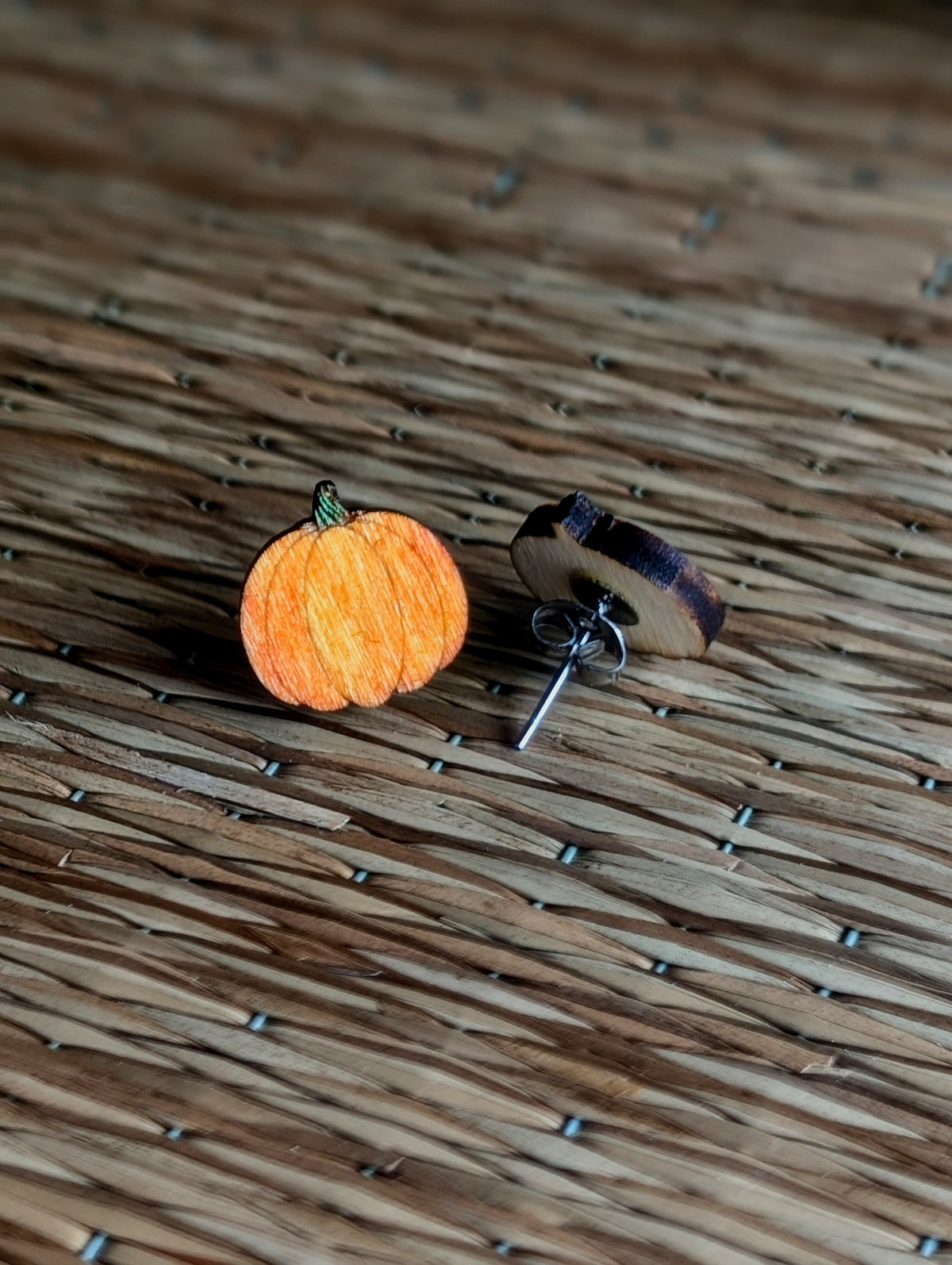 Laser Engraved Wooden Pumpkin Stud Earrings, Halloween Jewellery