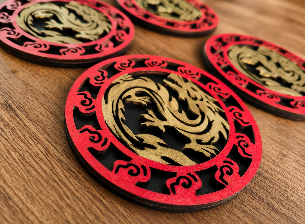 Red and Gold Wooden Dragon Coasters: Oriental Drinkware Set of 4