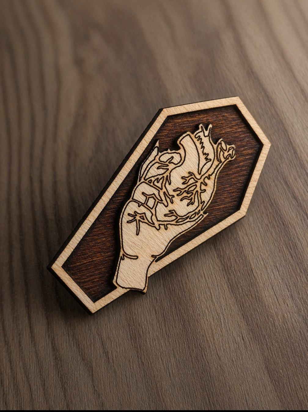 Gothic Coffin Pin Badge With Hand Holding Heart Design Wooden Laser Engraved