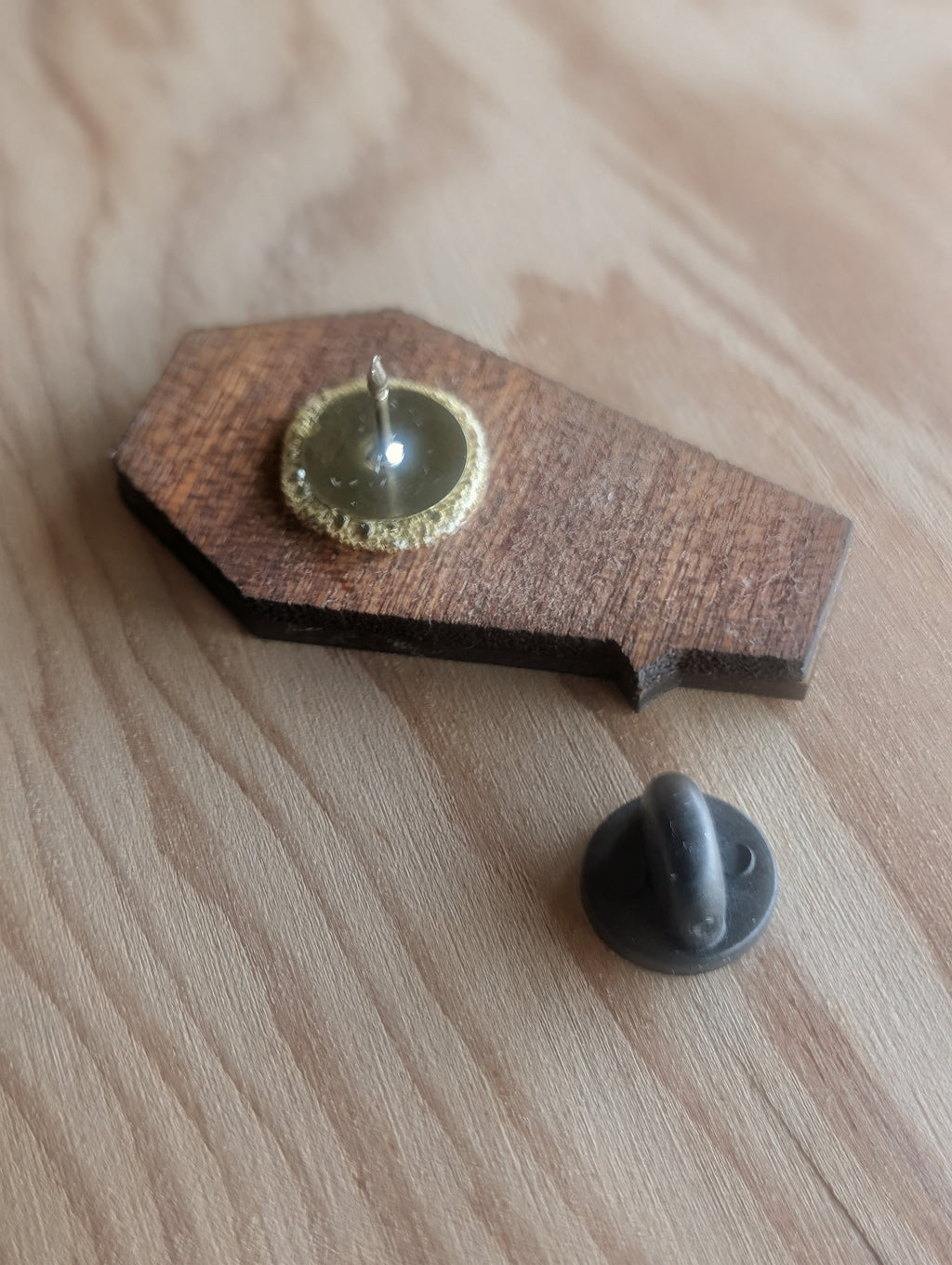 Gothic Coffin Pin Badge With Hand Holding Heart Design Wooden Laser Engraved