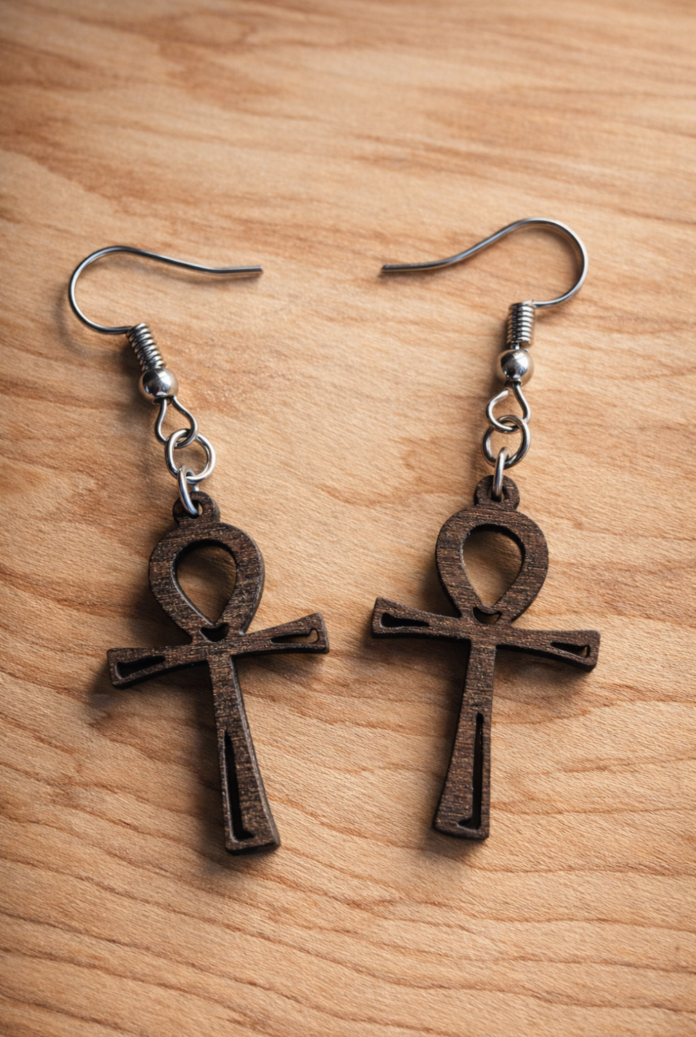 Walnut Wood Ankh Earrings: Laser Engraved Egyptian Key of Life