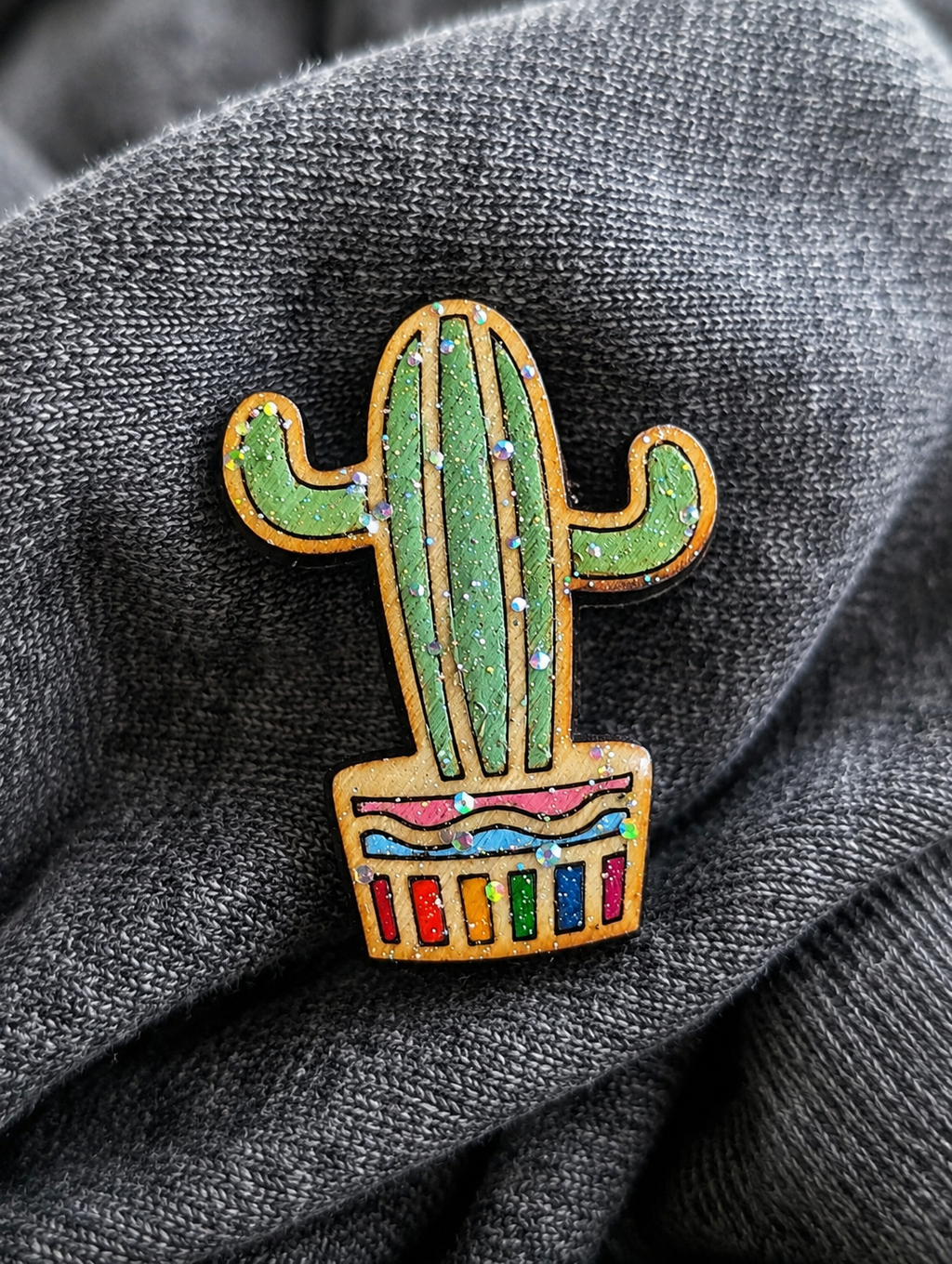 Glitter Pride Cactus Pin: Hand-Painted Wooden LGBTQ Brooch