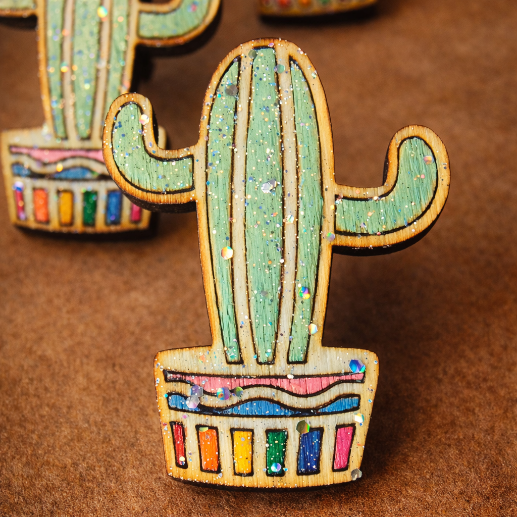Glitter Pride Cactus Pin: Hand-Painted Wooden LGBTQ Brooch