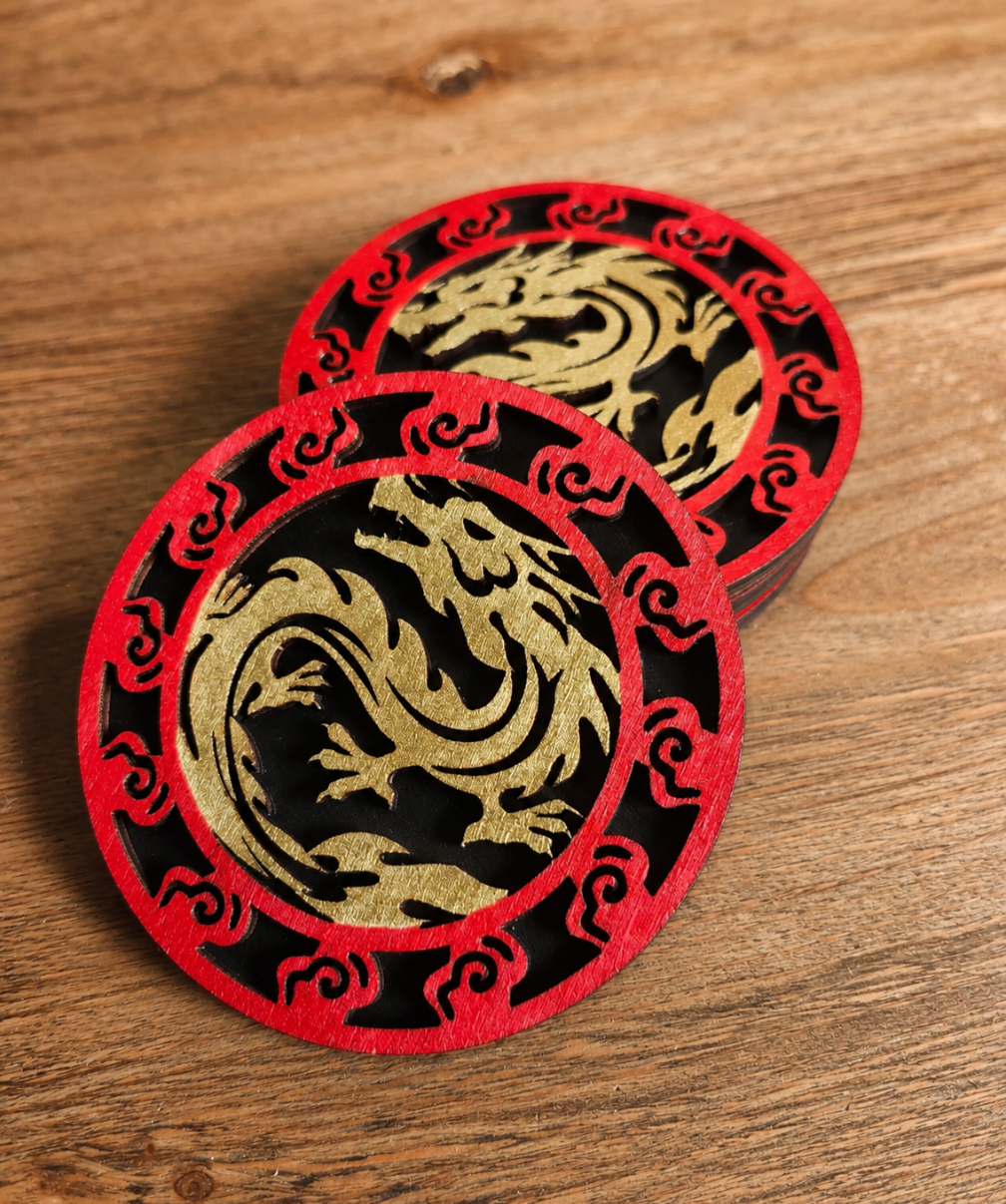 Red and Gold Wooden Dragon Coasters: Oriental Drinkware Set of 4