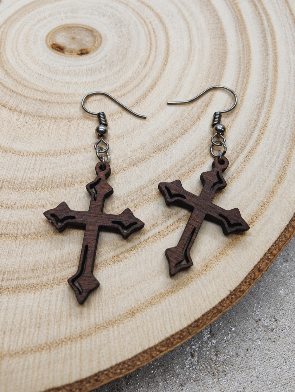 Fleury Cross Earrings: Walnut Wood Gothic Dangle Jewellery