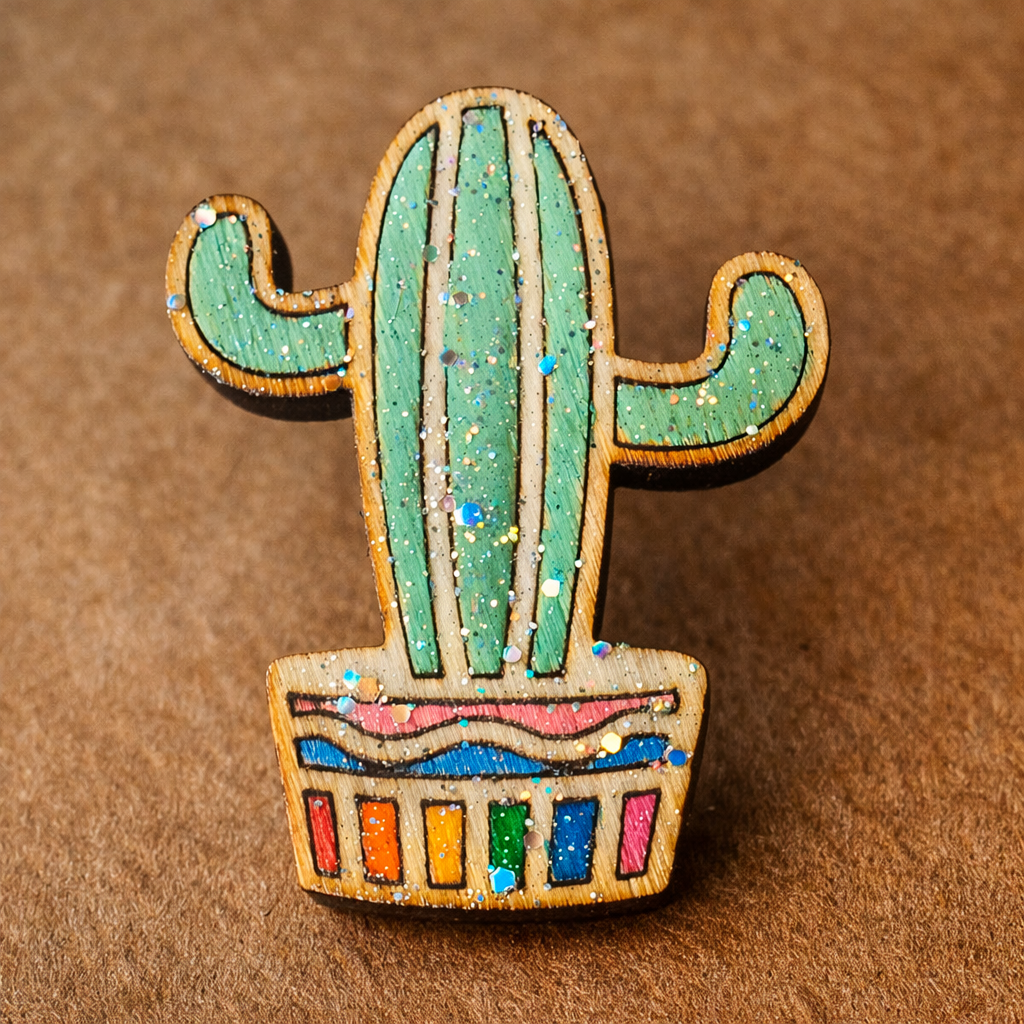 Glitter Pride Cactus Pin: Hand-Painted Wooden LGBTQ Brooch