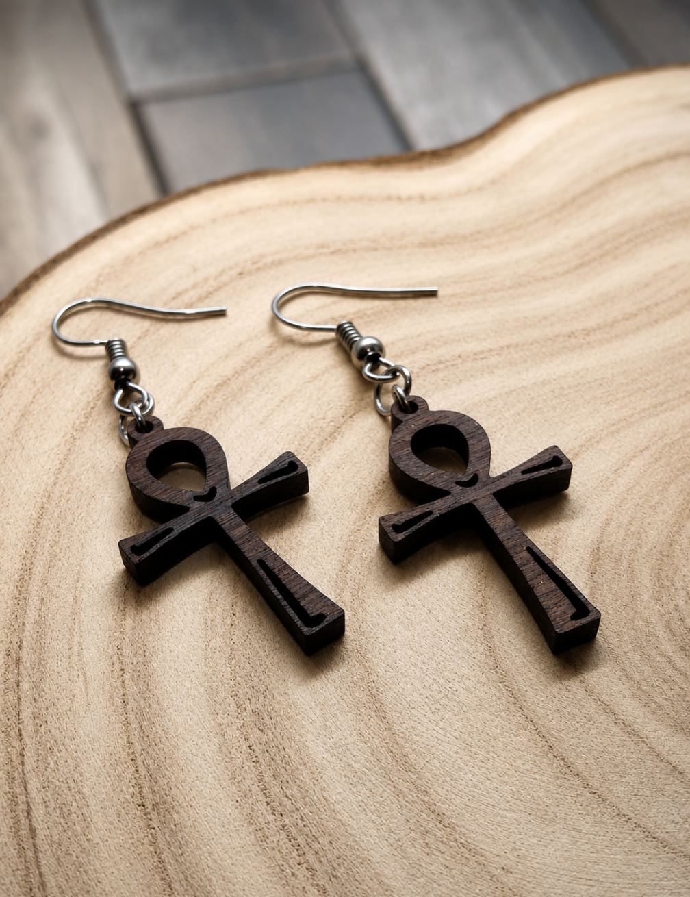 Walnut Wood Ankh Earrings: Laser Engraved Egyptian Key of Life