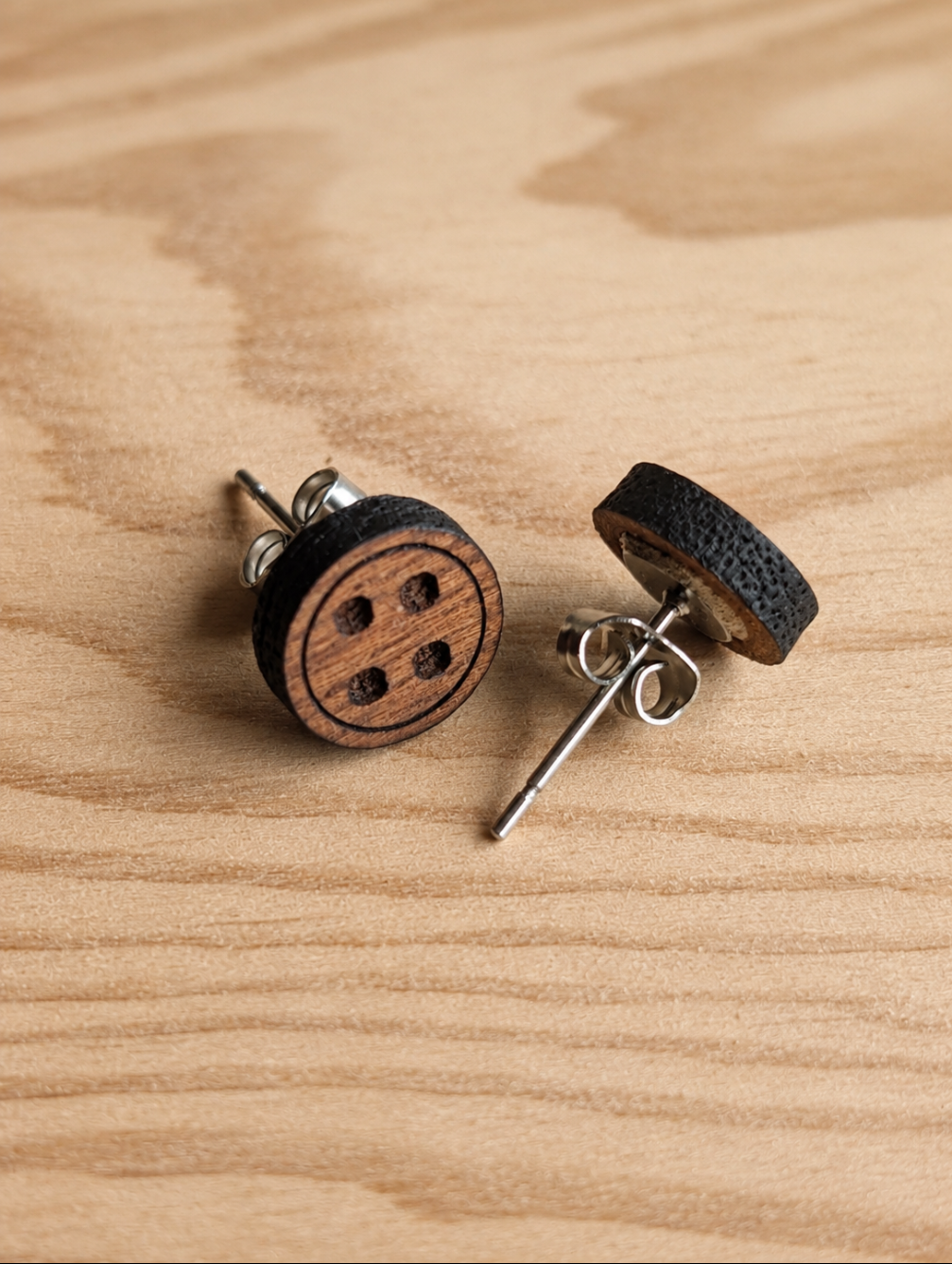 Mahogany Button Stud Earrings: Laser Cut Wood Jewellery