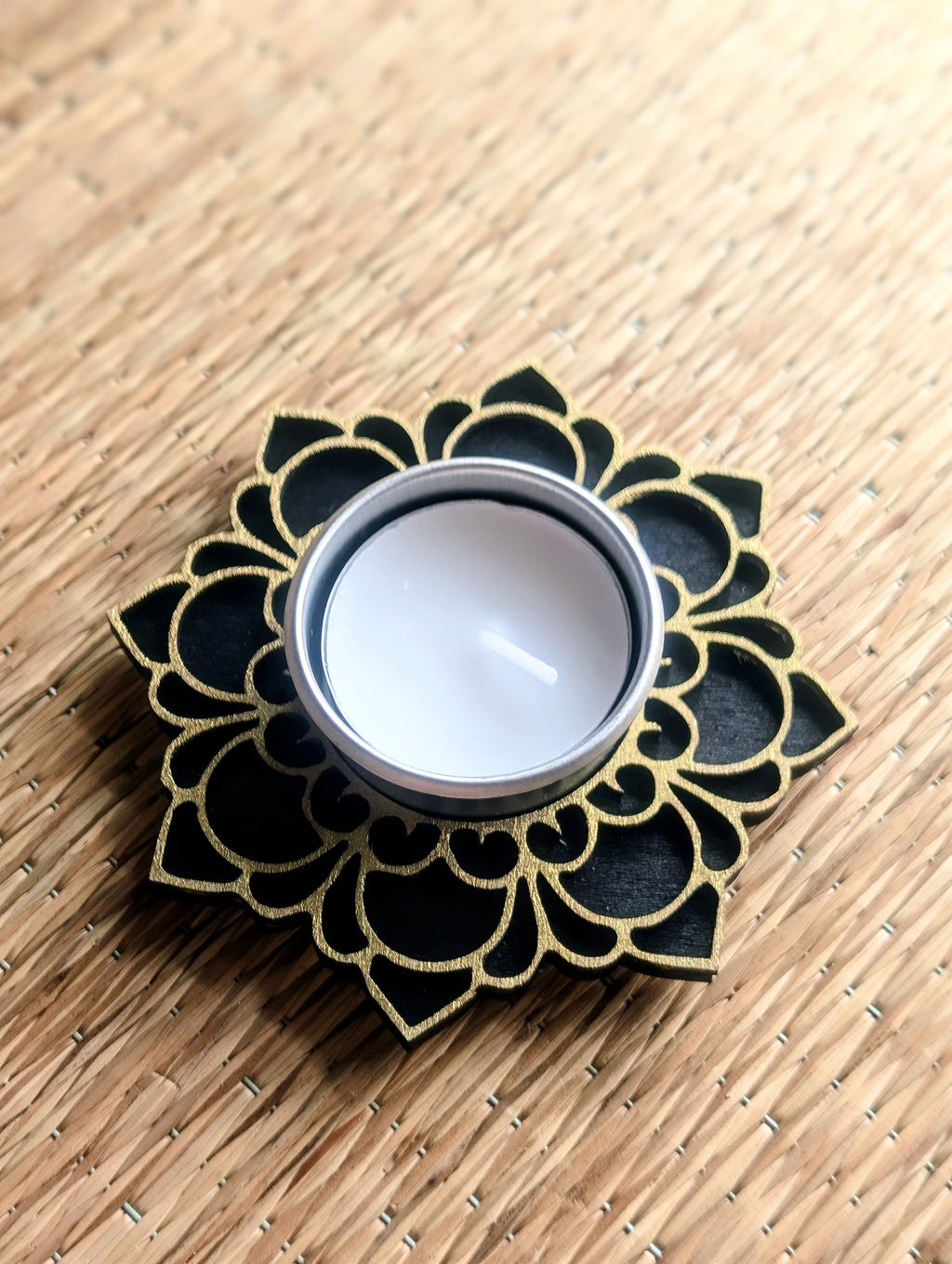 Black and gold wooden mandala tea light candle holder