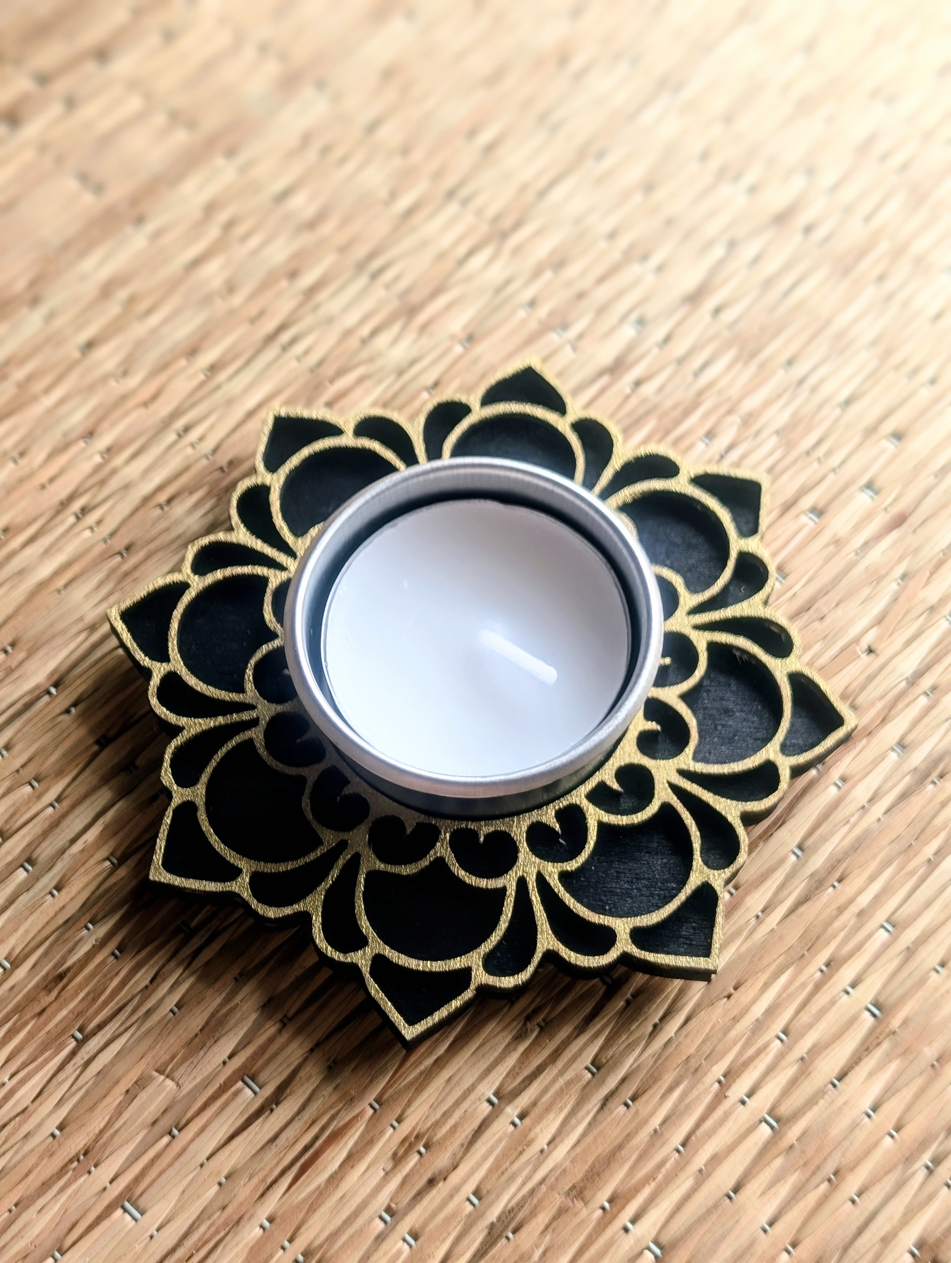 Black and gold wooden mandala tea light candle holder