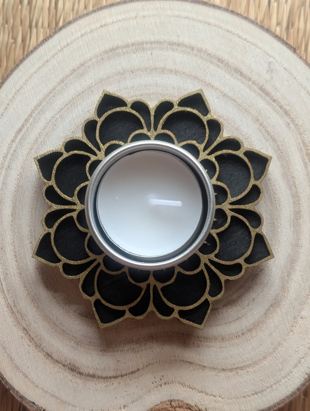 Black and gold wooden mandala tea light candle holder