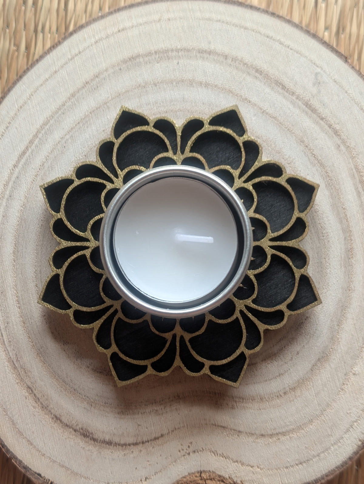 Black and gold wooden mandala tea light candle holder