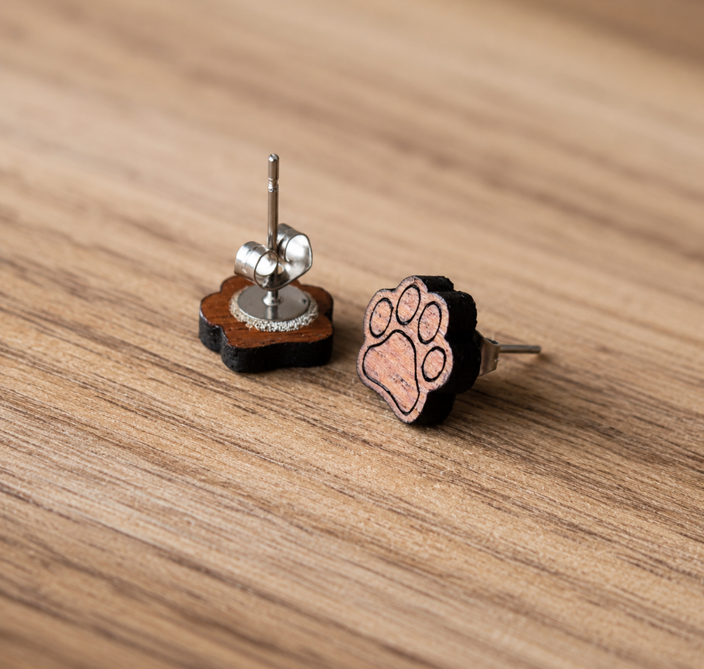 Mahogany Paw Print Stud Earrings: Laser Cut Wooden Jewellery