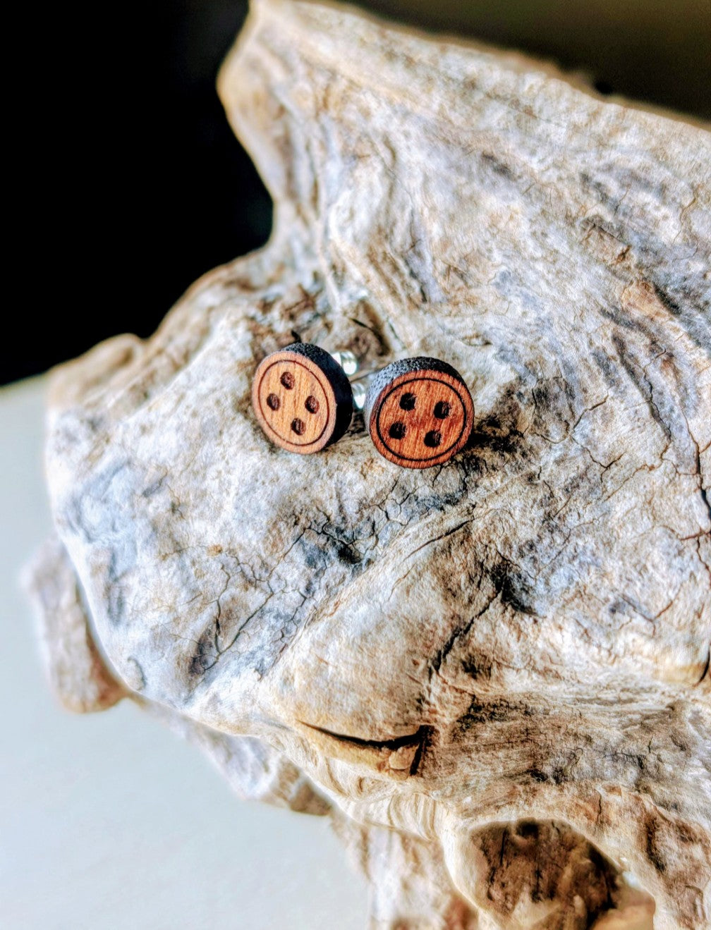 Mahogany Button Stud Earrings: Laser Cut Wood Jewellery