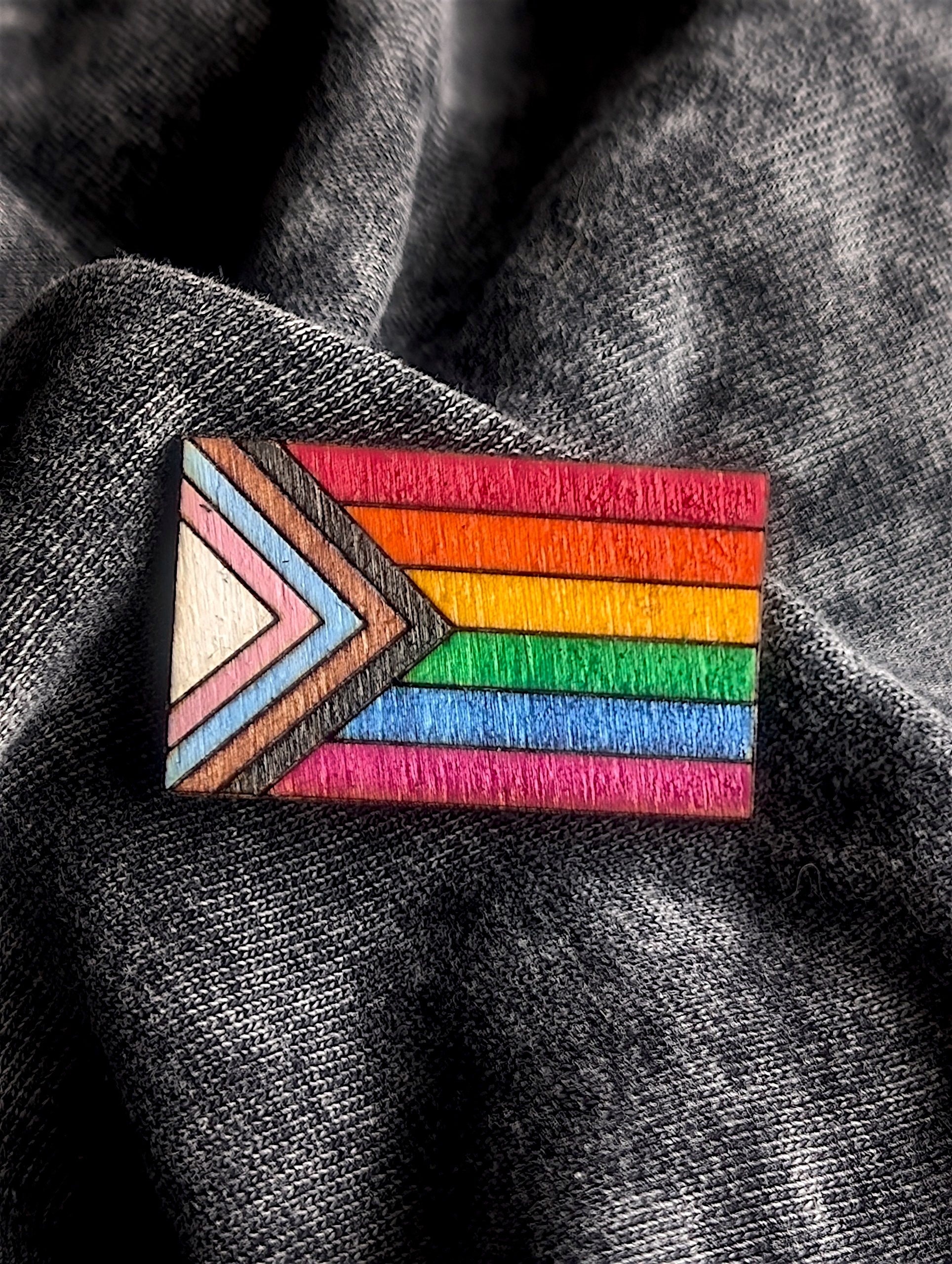 Wooden heart progress pride flag pin badge, LGBTQ+