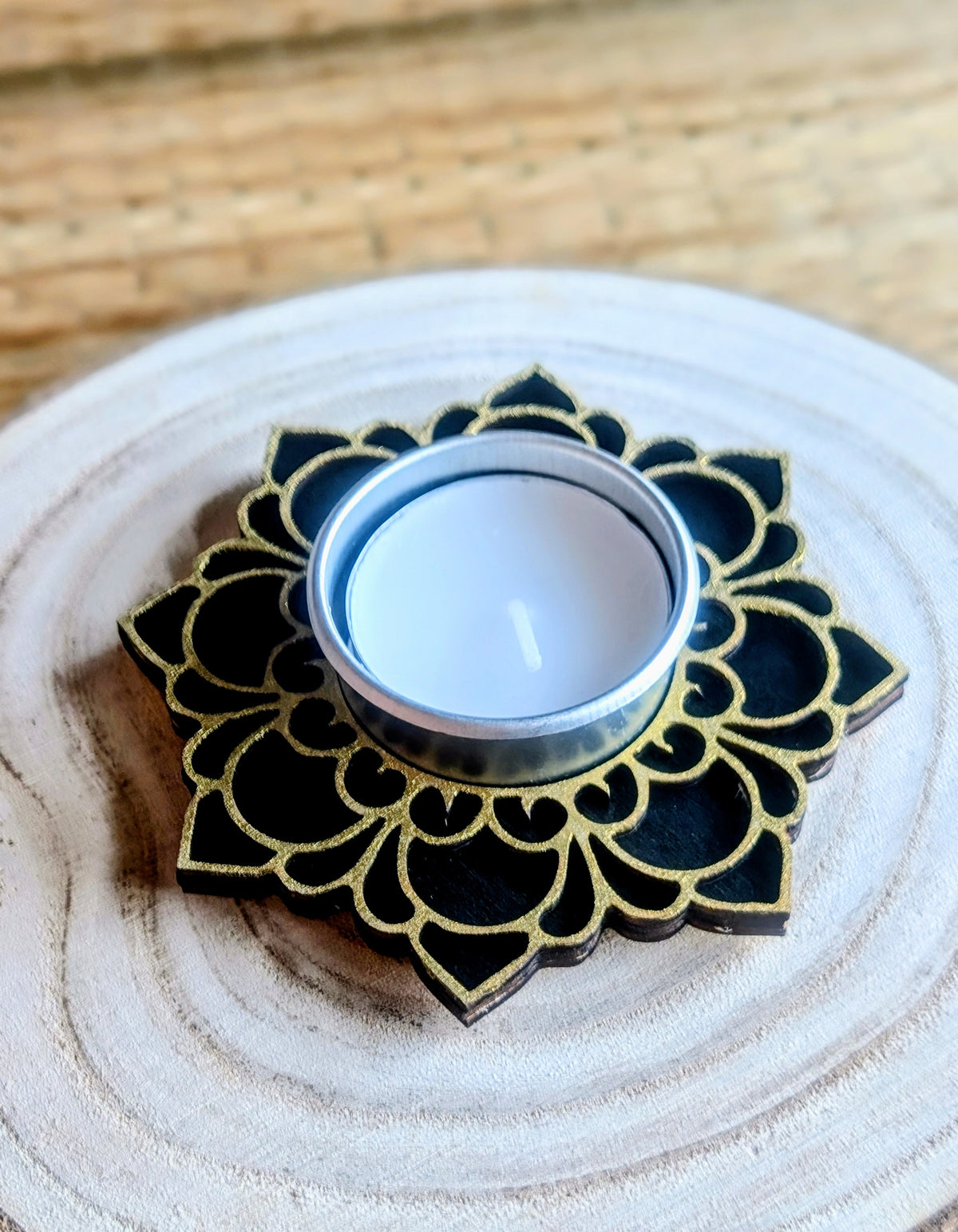 Black and gold wooden mandala tea light candle holder