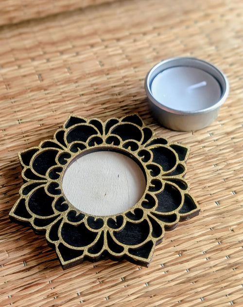 Black and gold wooden mandala tea light candle holder