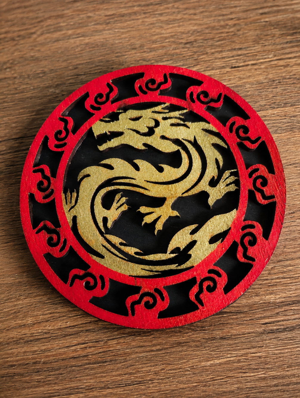 Red and Gold Wooden Dragon Coasters: Oriental Drinkware Set of 4